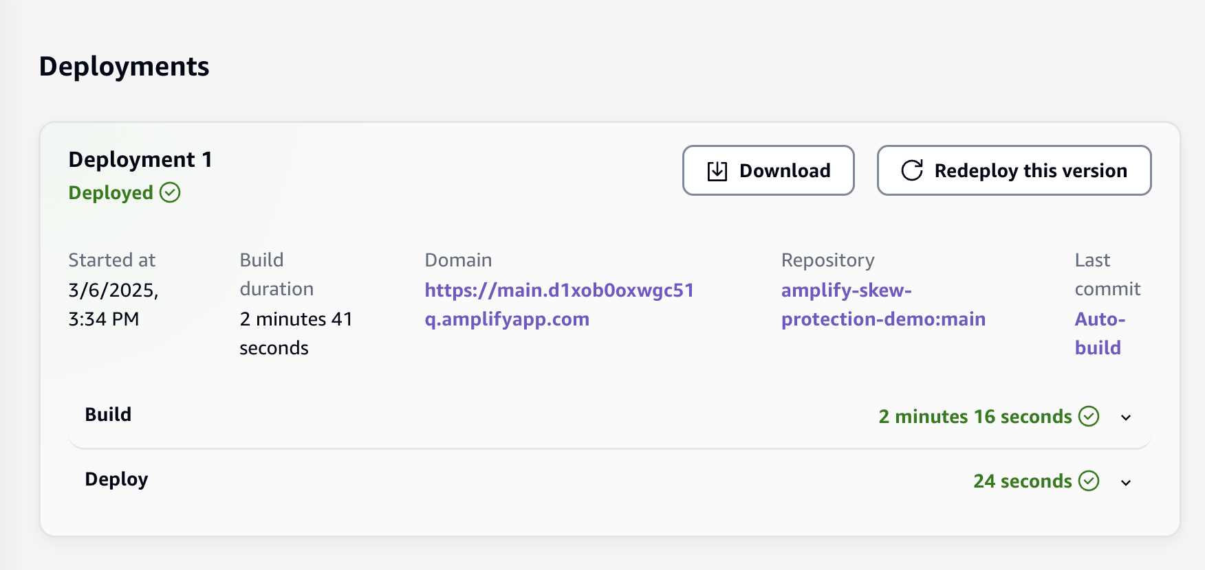 Screenshot of the AWS Amplify Console. Shows a deployed app